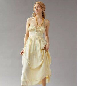 EUC Urban Outfitters Cora Linen Open Back Midi Dress EUC Size Small Light Yellow